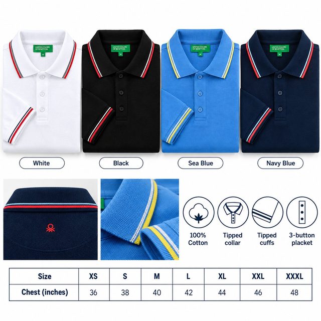 United Colors of Benetton Polo T-Shirt (cotton tipping) in all 4 colours, 100% cotton with tipped collar and cuffs, for annual day gift