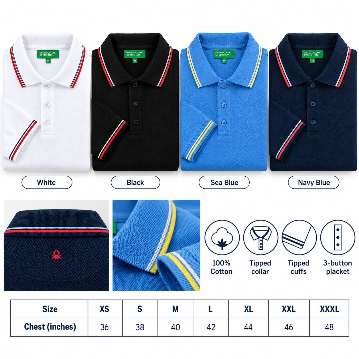 United Colors of Benetton Polo T-Shirt (cotton tipping) in all 4 colours, 100% cotton with tipped collar and cuffs, for annual day gift