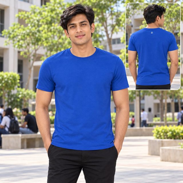 Man wearing United Colors of Benetton Round Neck T-Shirt in Royal Blue, employee onboarding kit