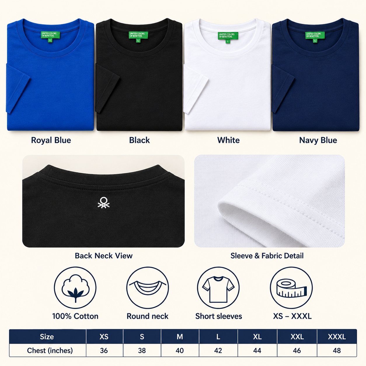 United Colors of Benetton Round Neck T-Shirt in all 4 colours, 100% cotton, for bulk order with company logo