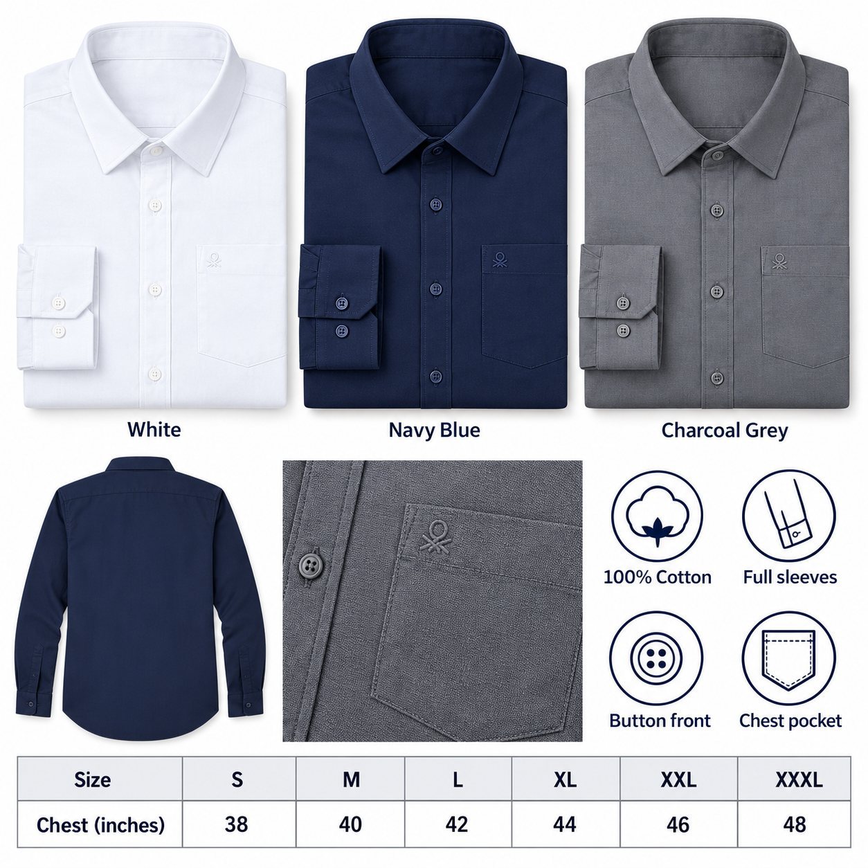 Click to zoom United Colors of Benetton Full Sleeve Shirt in all 3 colours, 100% cotton, for annual day gift