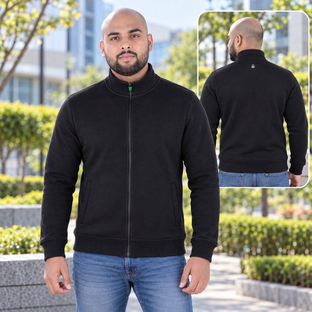 Man wearing United Colors of Benetton Sweatshirt Full Zipper in Black, annual day gift