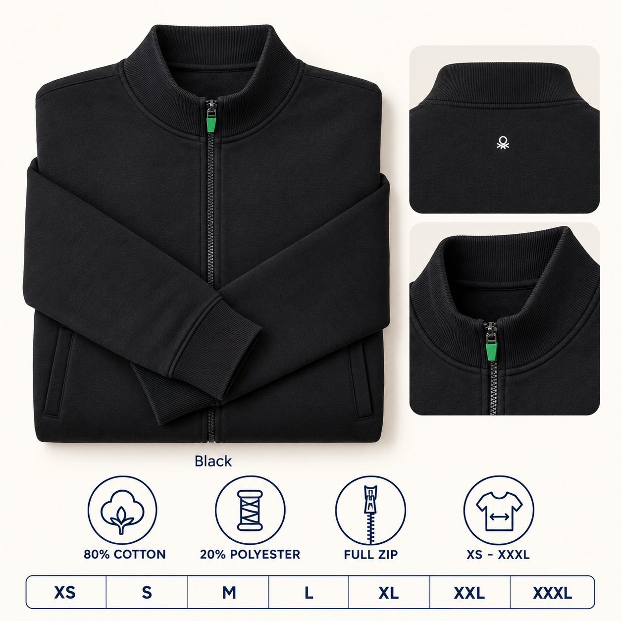 Click to zoom United Colors of Benetton Sweatshirt Full Zipper in all 1 colours, 80% cotton 20% polyester, for team uniform