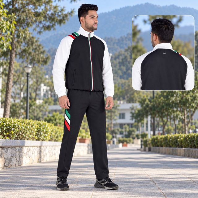 Man wearing United Colors of Benetton Track Suit (colour block) in Black & White, corporate gifting