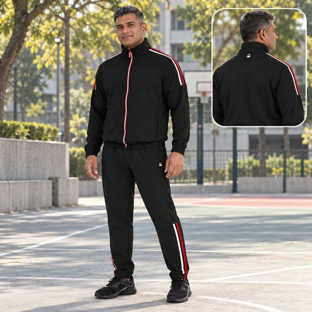 Man wearing United Colors of Benetton Track Suit (side stripe) in Black, client gift