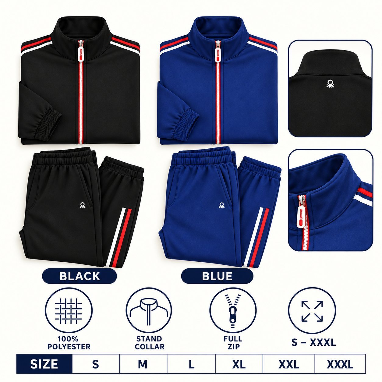Click to zoom United Colors of Benetton Track Suit (side stripe) in all 2 colours, 100% polyester, for annual day gift