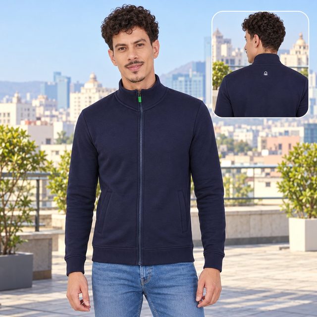 Man wearing United Colors of Benetton Full Sleeves Zipper Jacket in Navy Blue, festive gifting