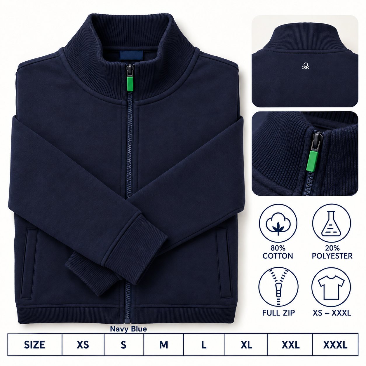 Click to zoom United Colors of Benetton Full Sleeves Zipper Jacket in all 1 colours, 80% cotton 20% polyester, for employee onboarding kit