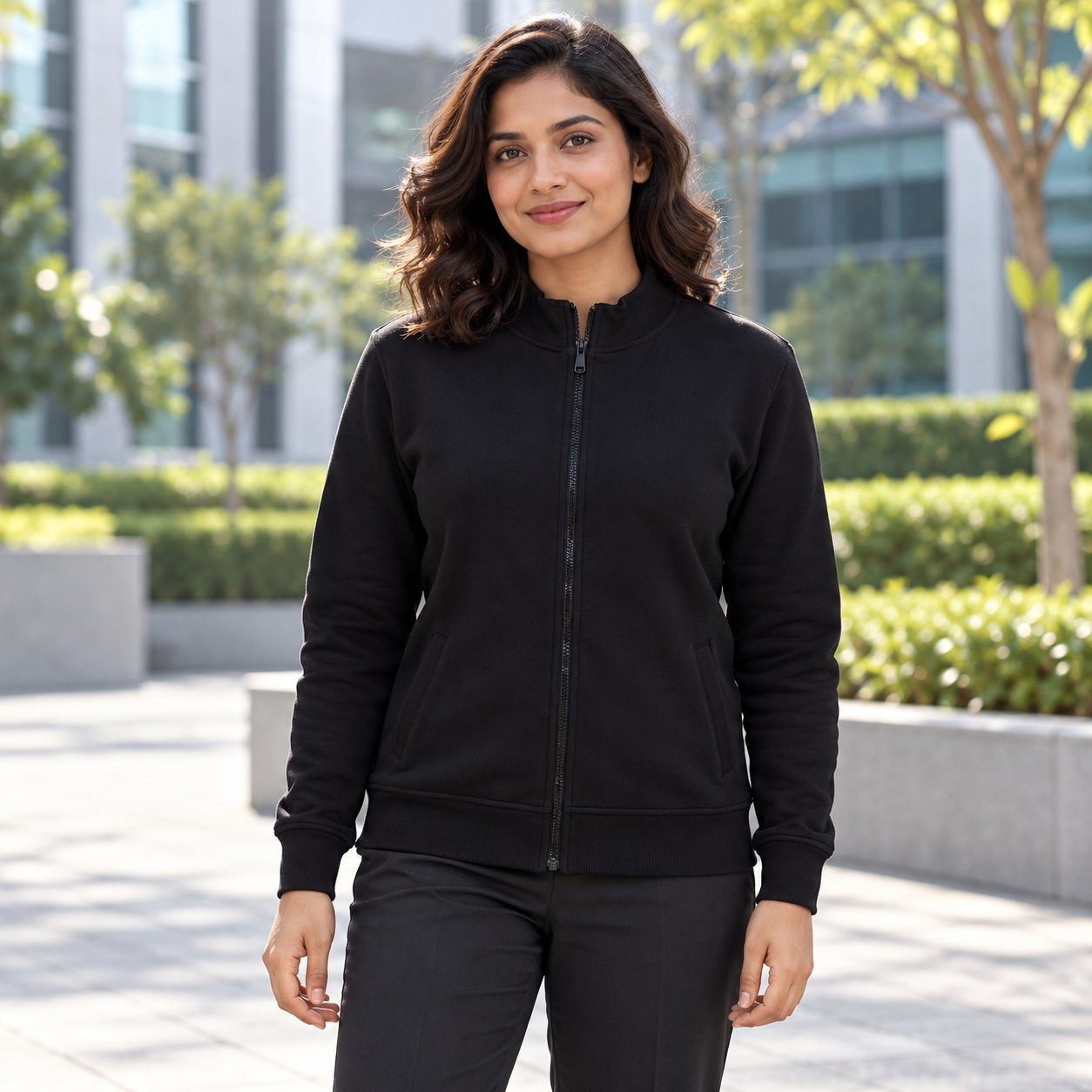Woman wearing U.S. Polo Assn. Sweatshirt in Black, bulk order with company logo