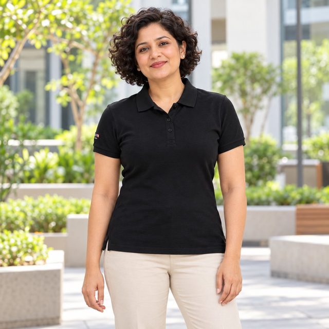 Woman wearing U.S. Polo Assn. Women's Cotton Collar T-Shirt in Black, client gift