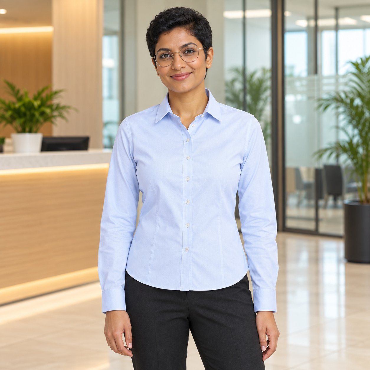 Click to zoom Woman wearing U.S. Polo Assn. Women's Formal Shirt in Light Blue, sales team reward