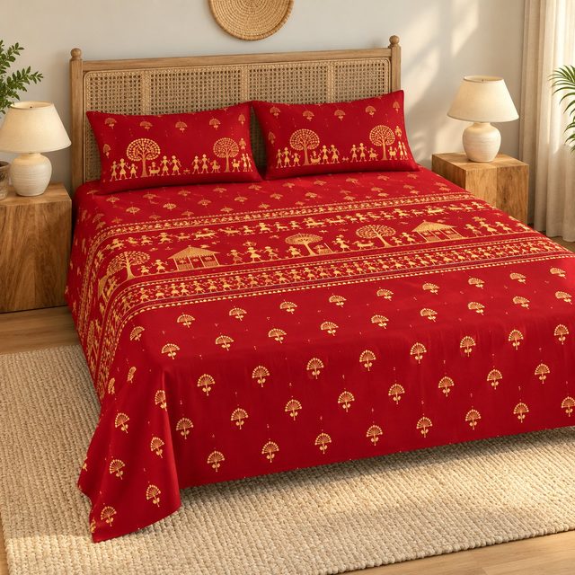 Welspun Rangana 210 TC Double Bedsheet Set in Warli, corporate gifting