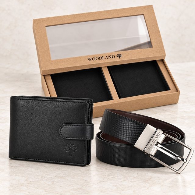 Woodland Men's Wallet & Belt Combo Set in Black, corporate gifting