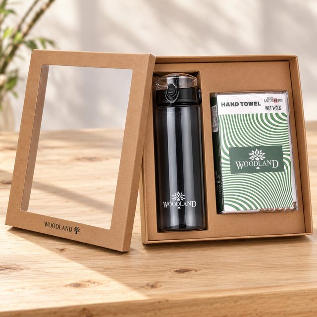 Woodland Hand Towel & Bottle Gift Set in Black, employee onboarding kit