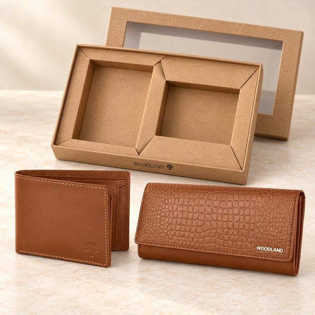 Woodland Men's Wallet & Women Clutcher Combo Set in Tan, festive gifting