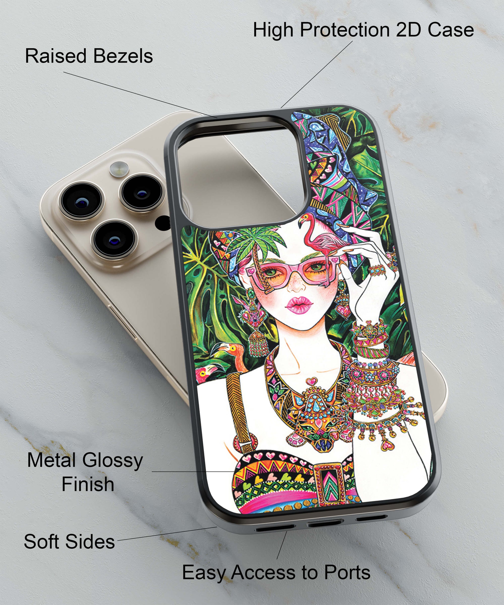 Beautifully Dressed Girl In Water Surrounded By Flamingo And Leaves Showing Beauty Of Nature Back Cover for 2D Hybrid TPU And Metal CaseBT0146Hybrid Metal TPU