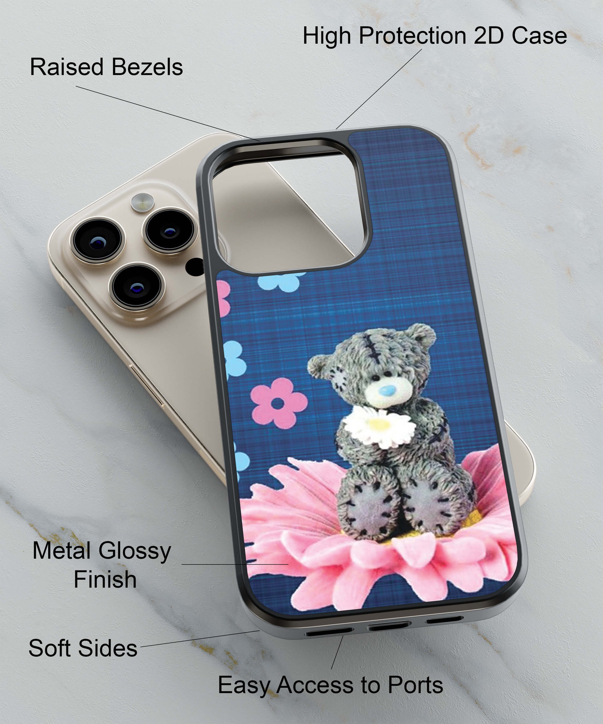 Grey Teddy On A Pink Flower Pic Back Cover for 2D Hybrid TPU And Metal CaseBT0129Hybrid Metal TPU