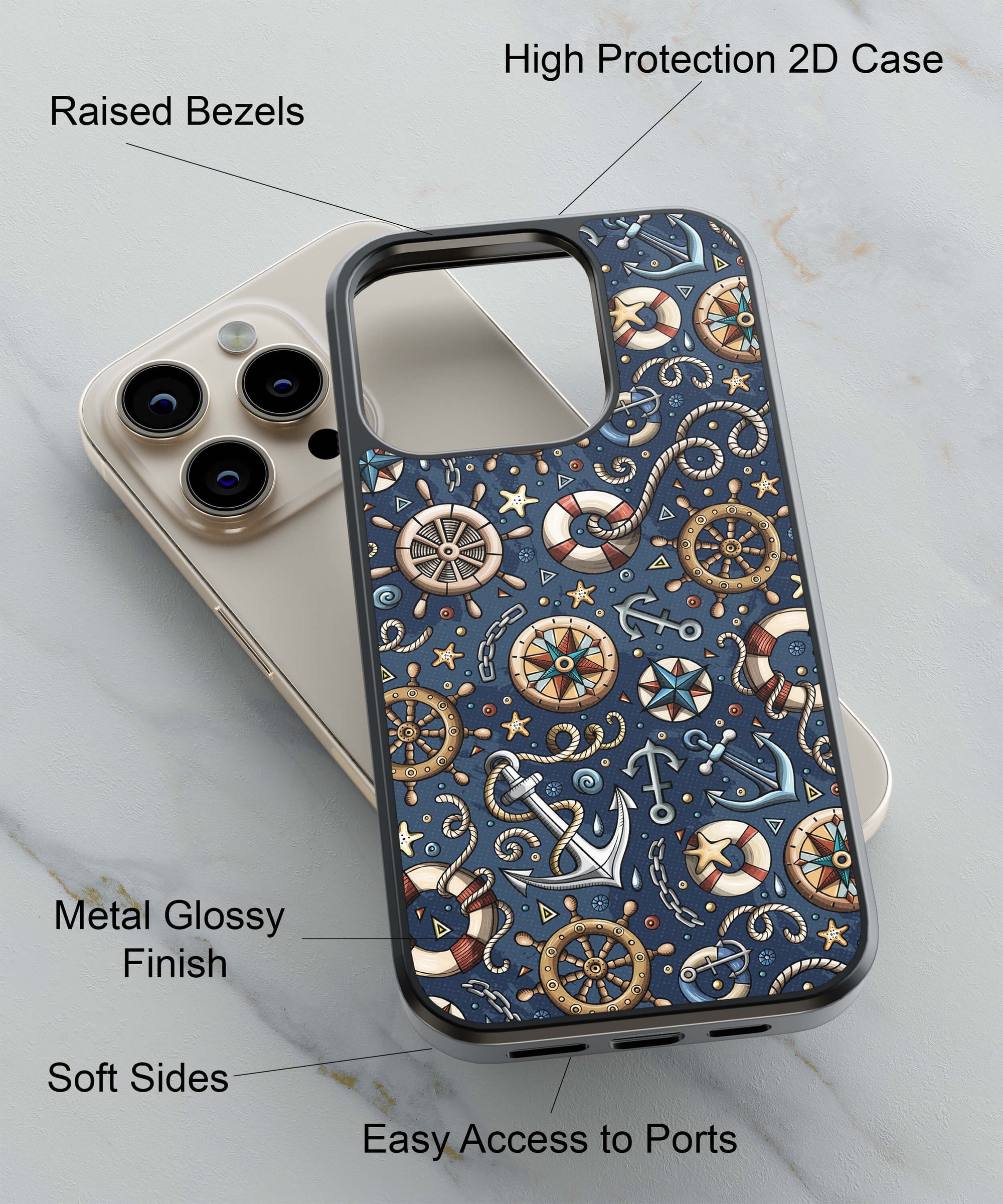 Nautical Blue Back Cover for 2D Hybrid TPU And Metal CaseU0237Hybrid Metal TPU