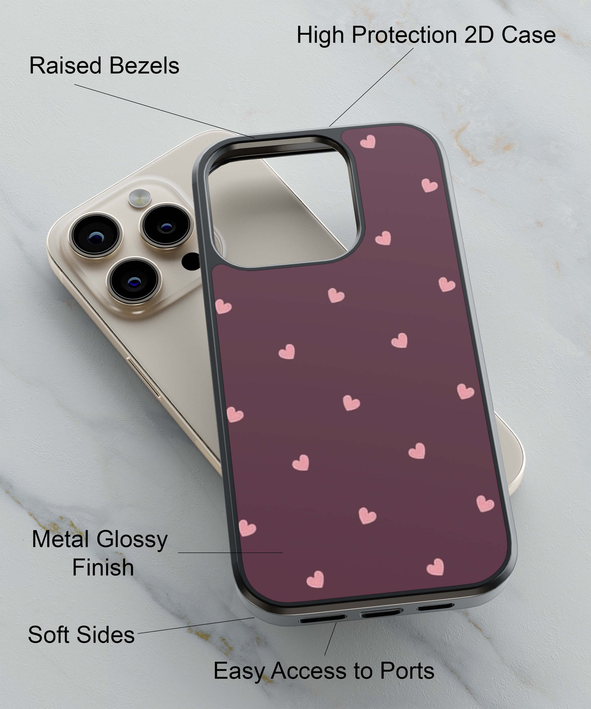 Pink Heart Back Cover for 2D Hybrid TPU And Metal CasePS1307Hybrid Metal TPU