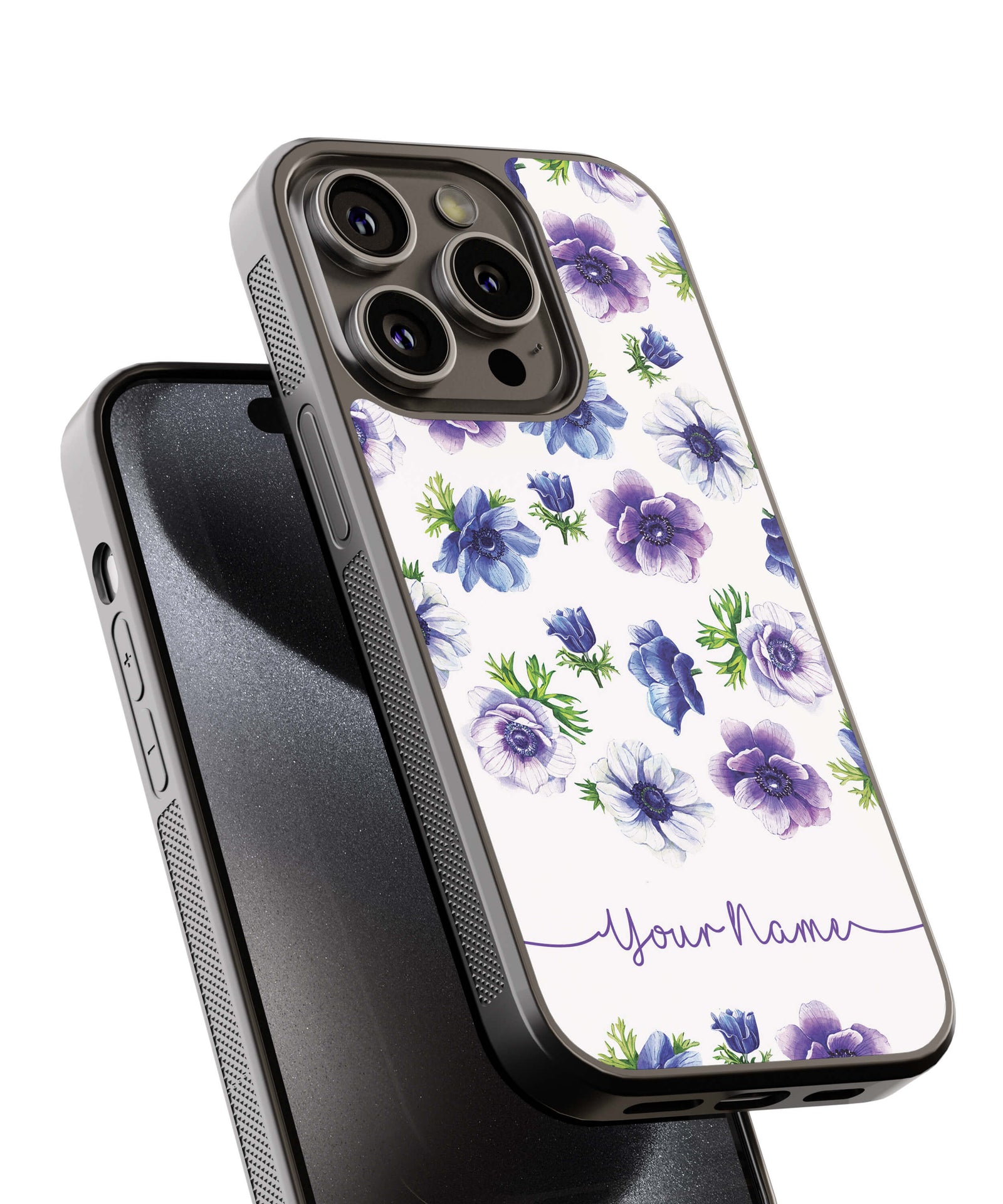 Purple Flowers with Name Back Cover for 2D Hybrid TPU And Metal CaseIK5005Hybrid Metal TPU