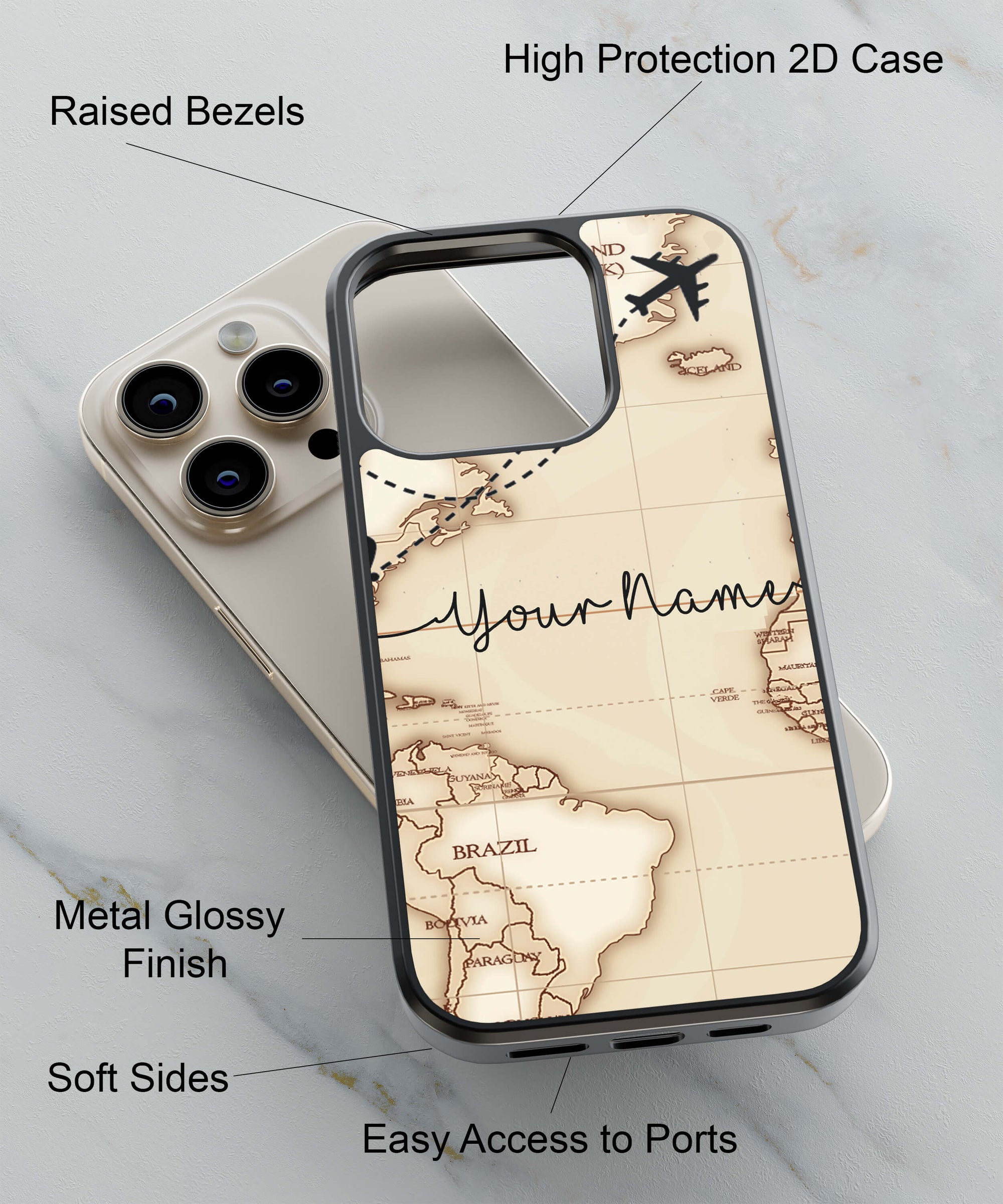 World Map with Name Back Cover for 2D Hybrid TPU And Metal CaseIK5003Hybrid Metal TPU