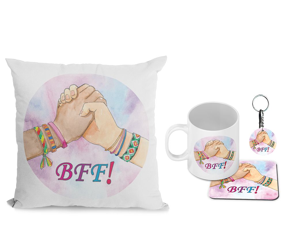 BFF Cushion, Coffee Mug with Coaster and Keychain