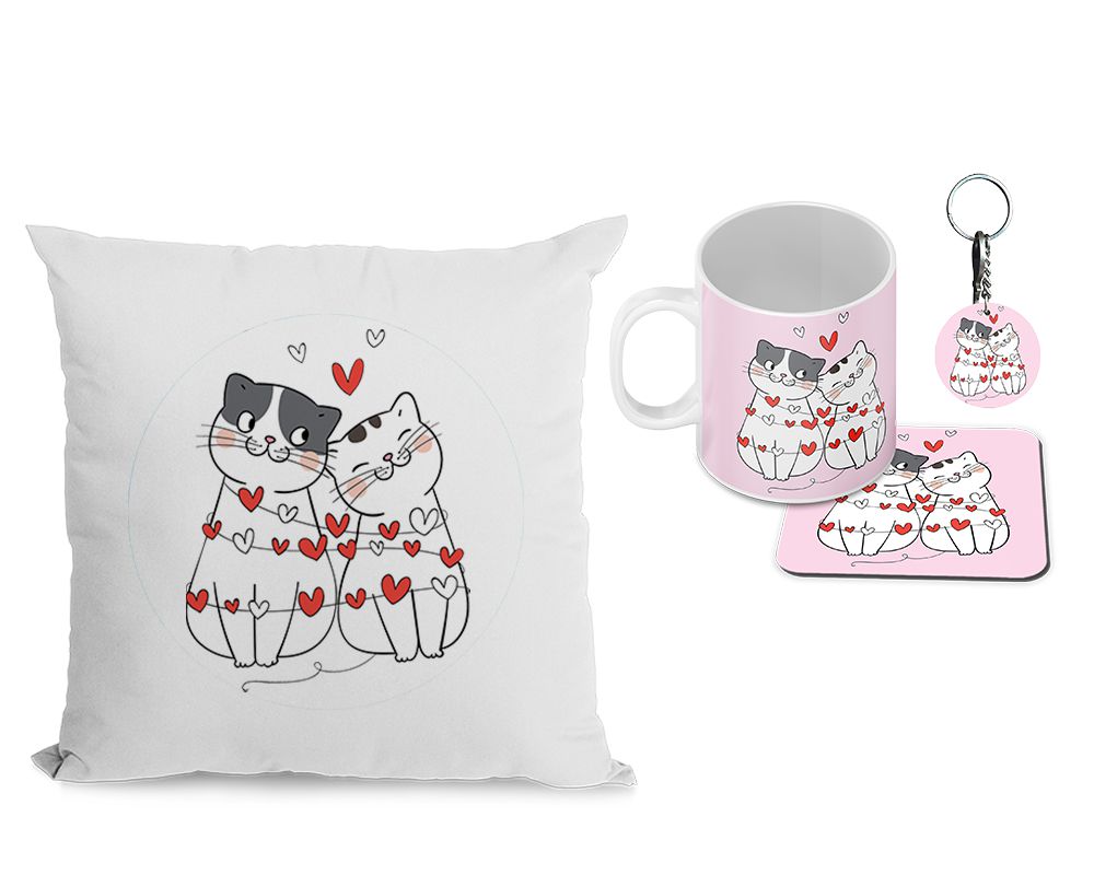 Catty Love Cushion, Coffee Mug with Coaster and Keychain