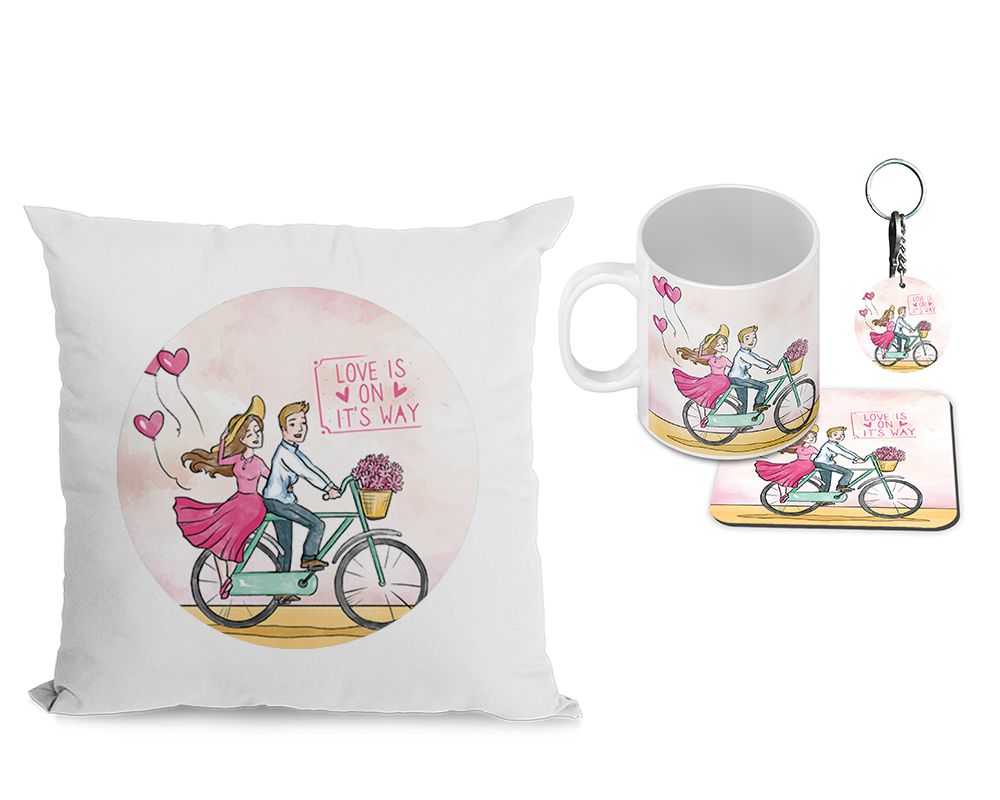 Love is on it&#39;s way Cushion, Coffee Mug with Coaster and Keychain