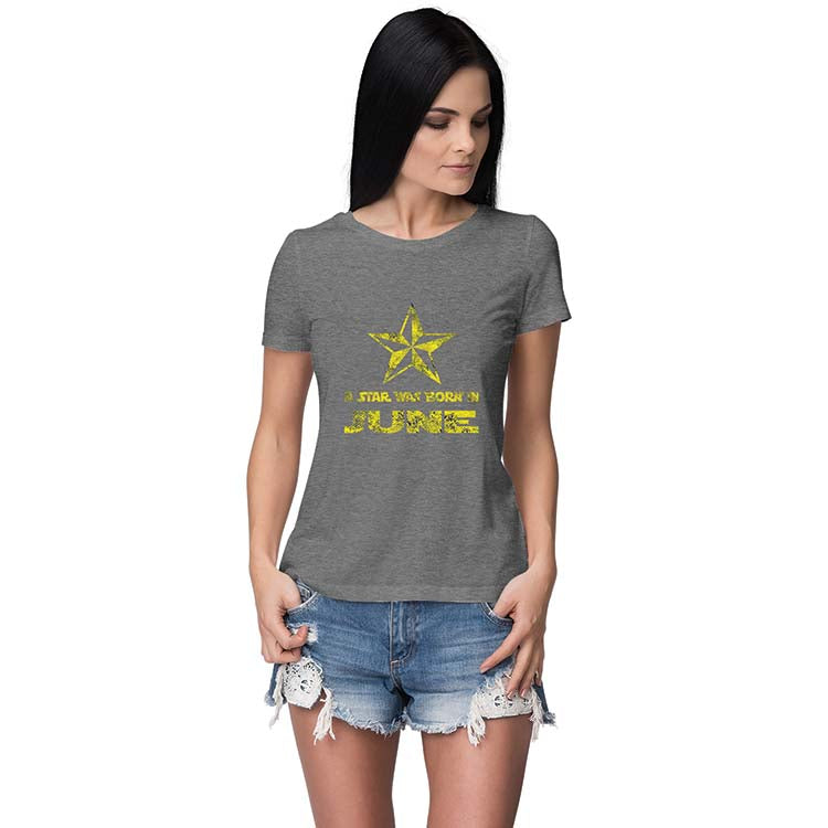 Star Born Customised Month Women T-Shirt-Grey Melange