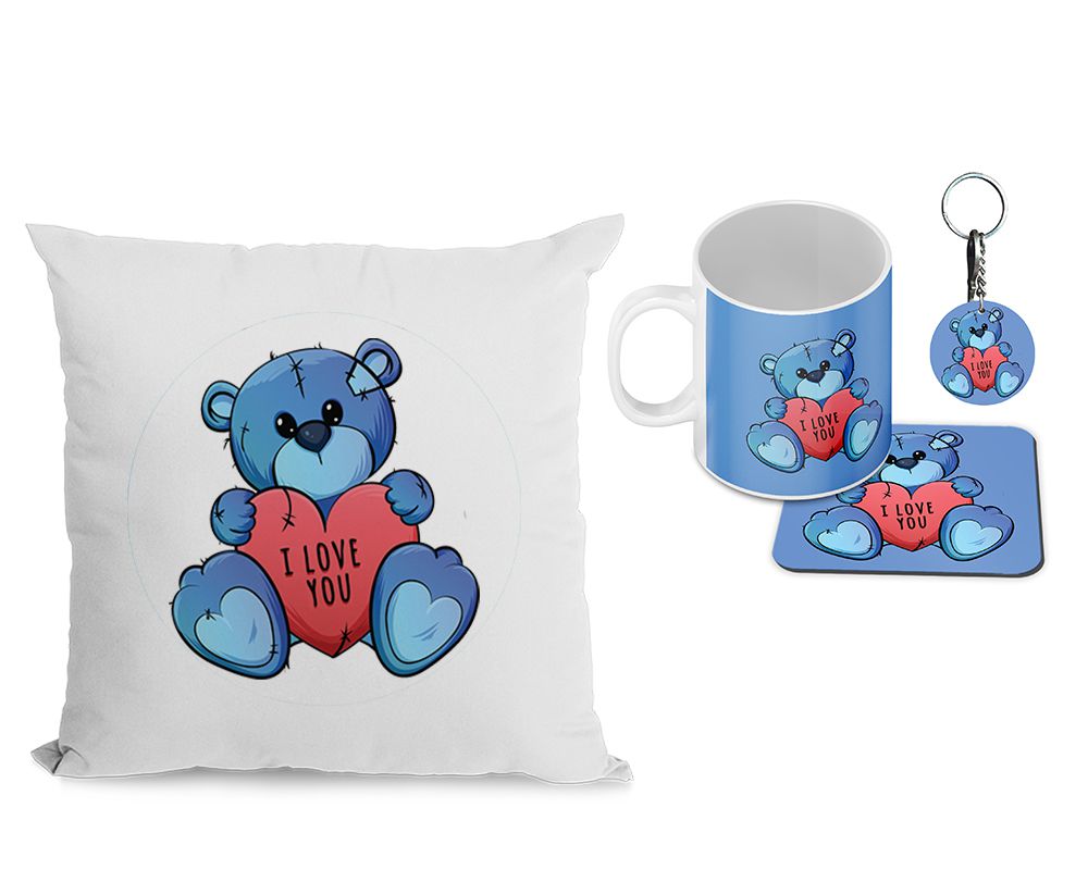 Teddy Love Cushion, Coffee Mug with Coaster and Keychain