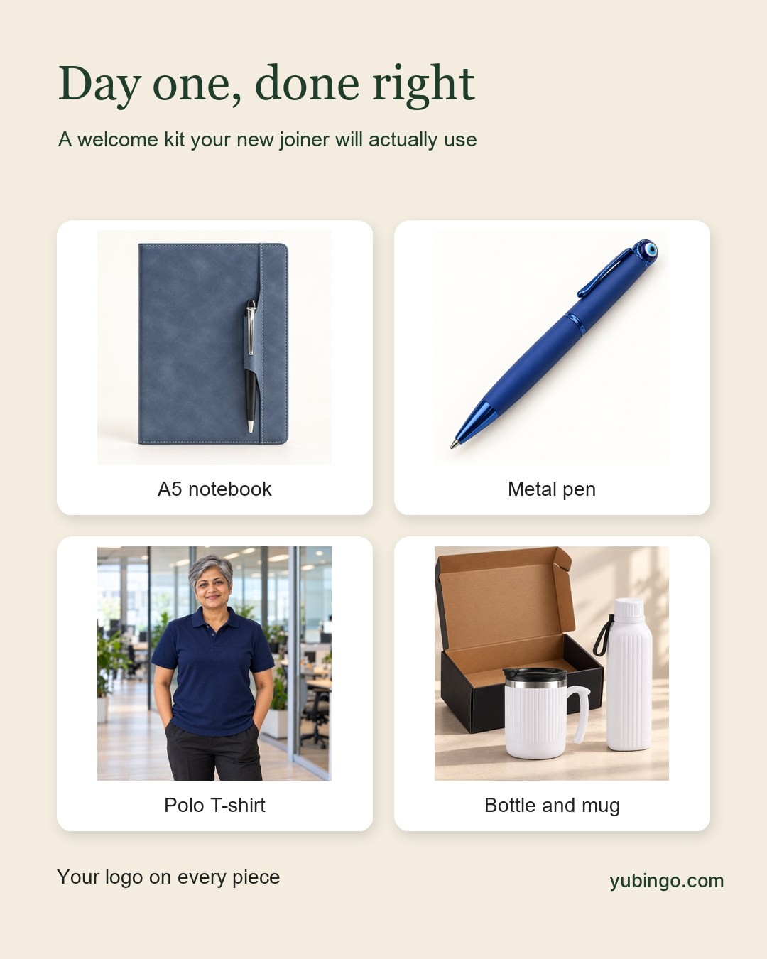 Four product photos in a grid: a blue A5 notebook, a metal pen, a navy polo T-shirt and an insulated bottle with a steel mug. Text: Day one, done right. A welcome kit your new joiner will actually use.