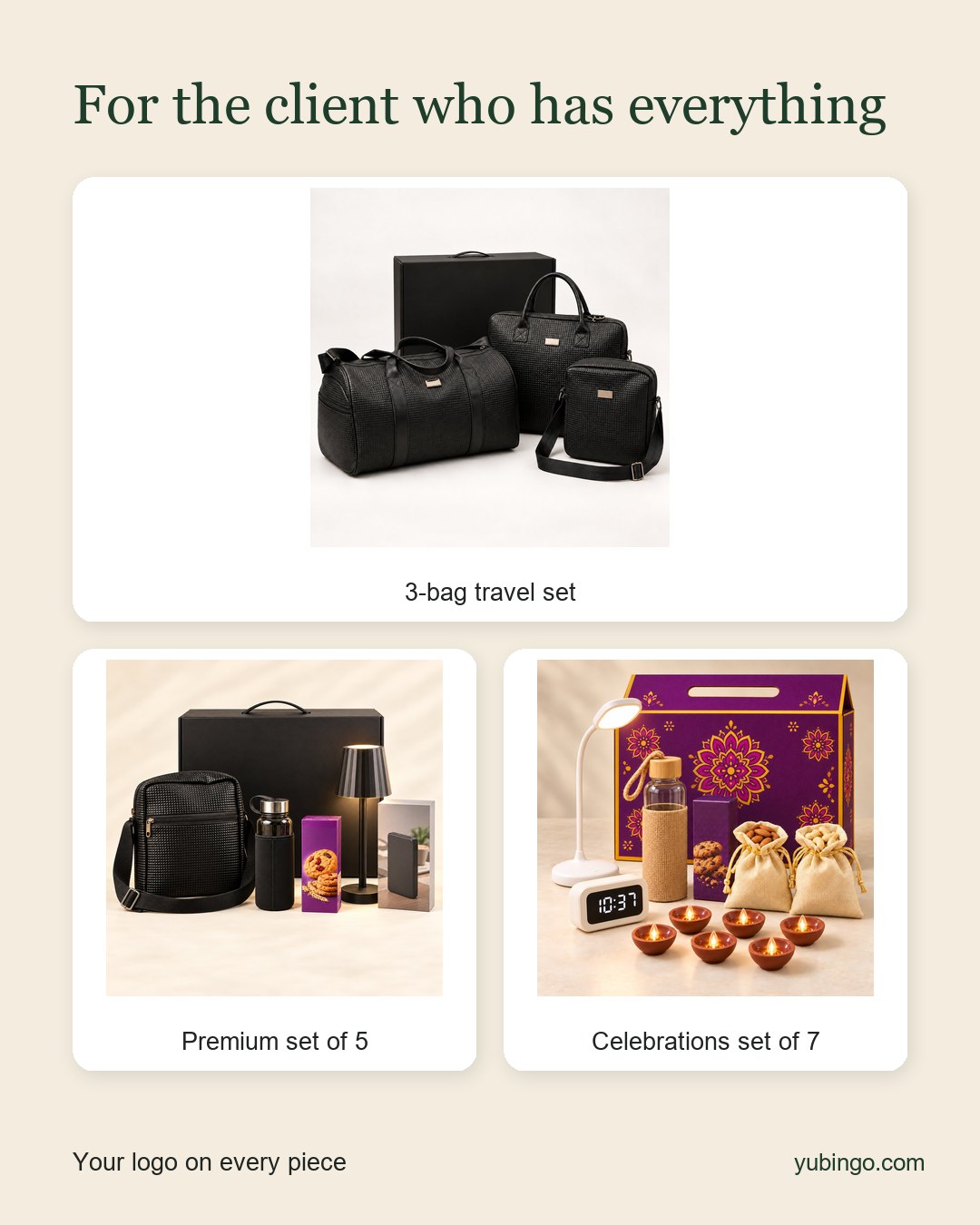 Three premium gift sets in white tiles: a 3-bag travel set, a premium set of 5 with a sling bag, and a celebrations set of 7. Text: For the client who has everything. Your logo on every piece.