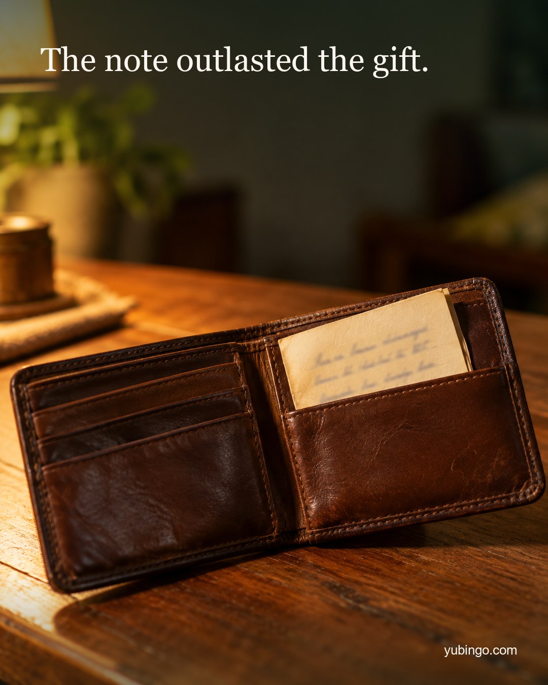 An open leather wallet on a wooden table with a small, worn, folded handwritten card tucked inside. Text: The note outlasted the gift.