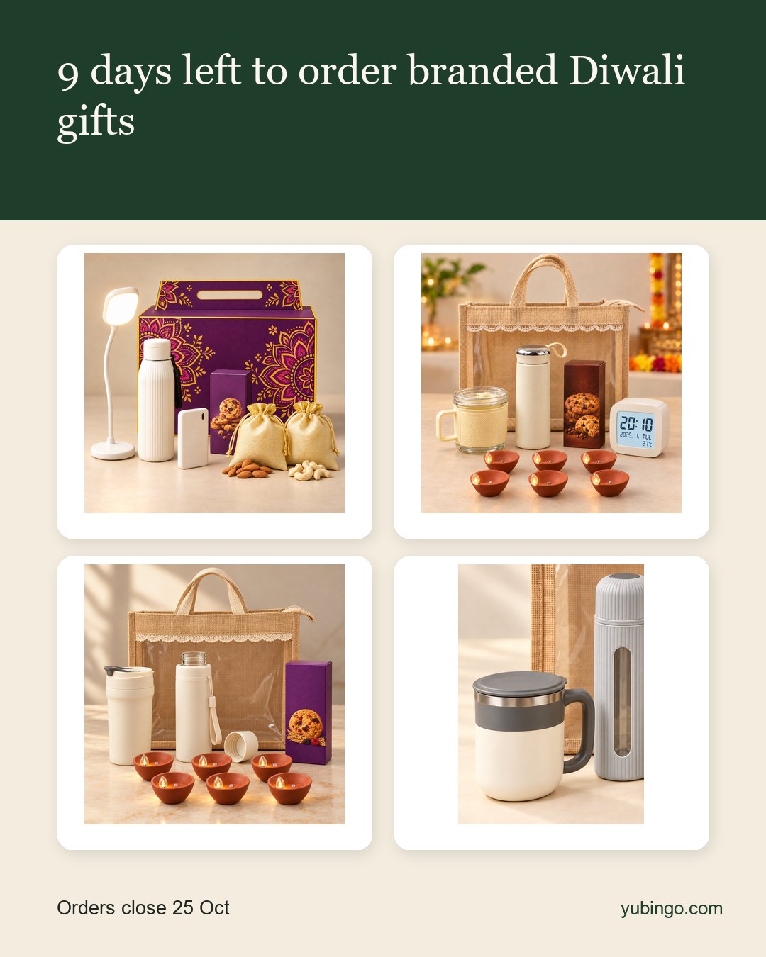 Four ready Diwali gift sets with bottles, lamps, clocks, mugs and diyas. Text: 9 days left to order branded Diwali gifts. Orders close 25 Oct.