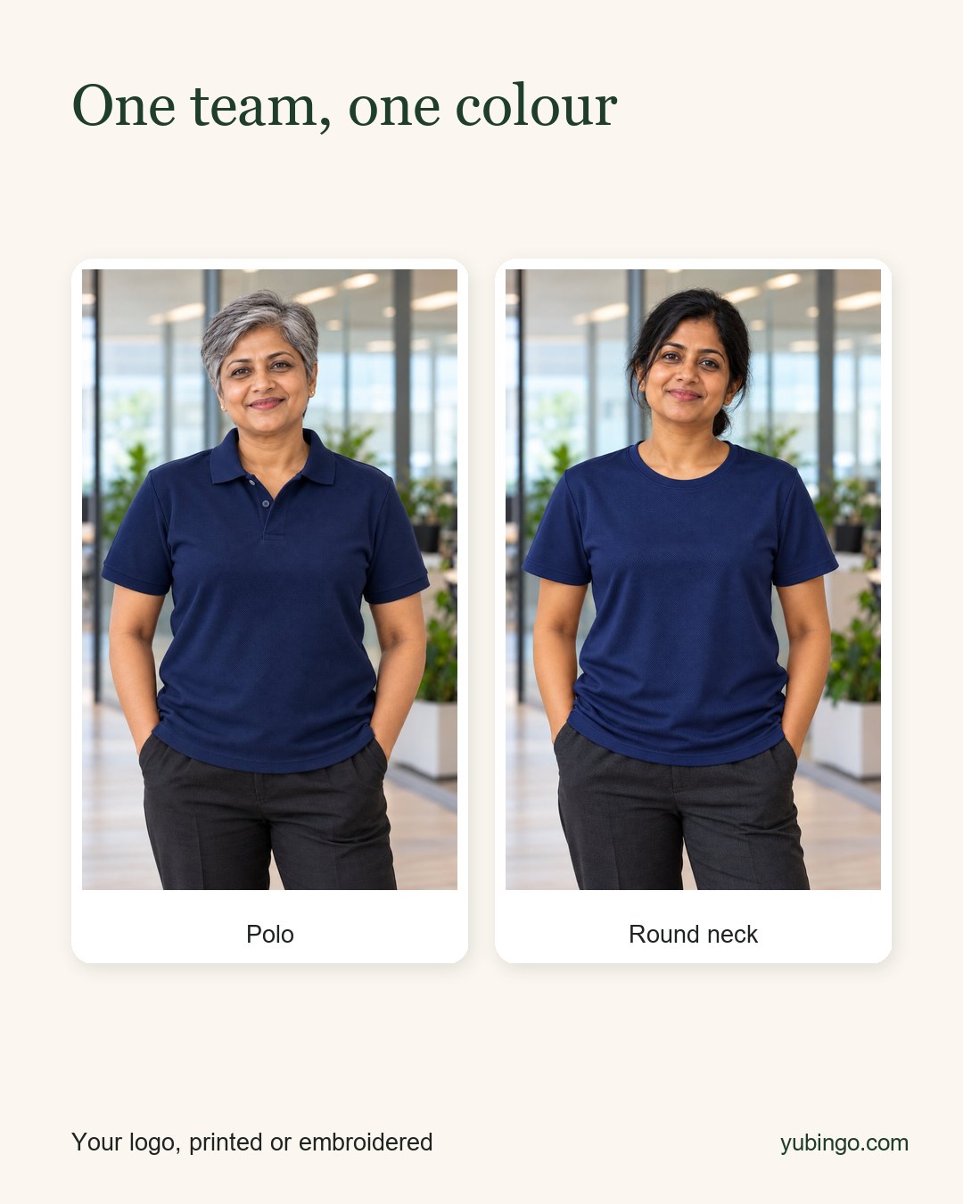 Two team members in navy: one in a polo T-shirt, one in a round neck T-shirt. Text: One team, one colour. Your logo, printed or embroidered.