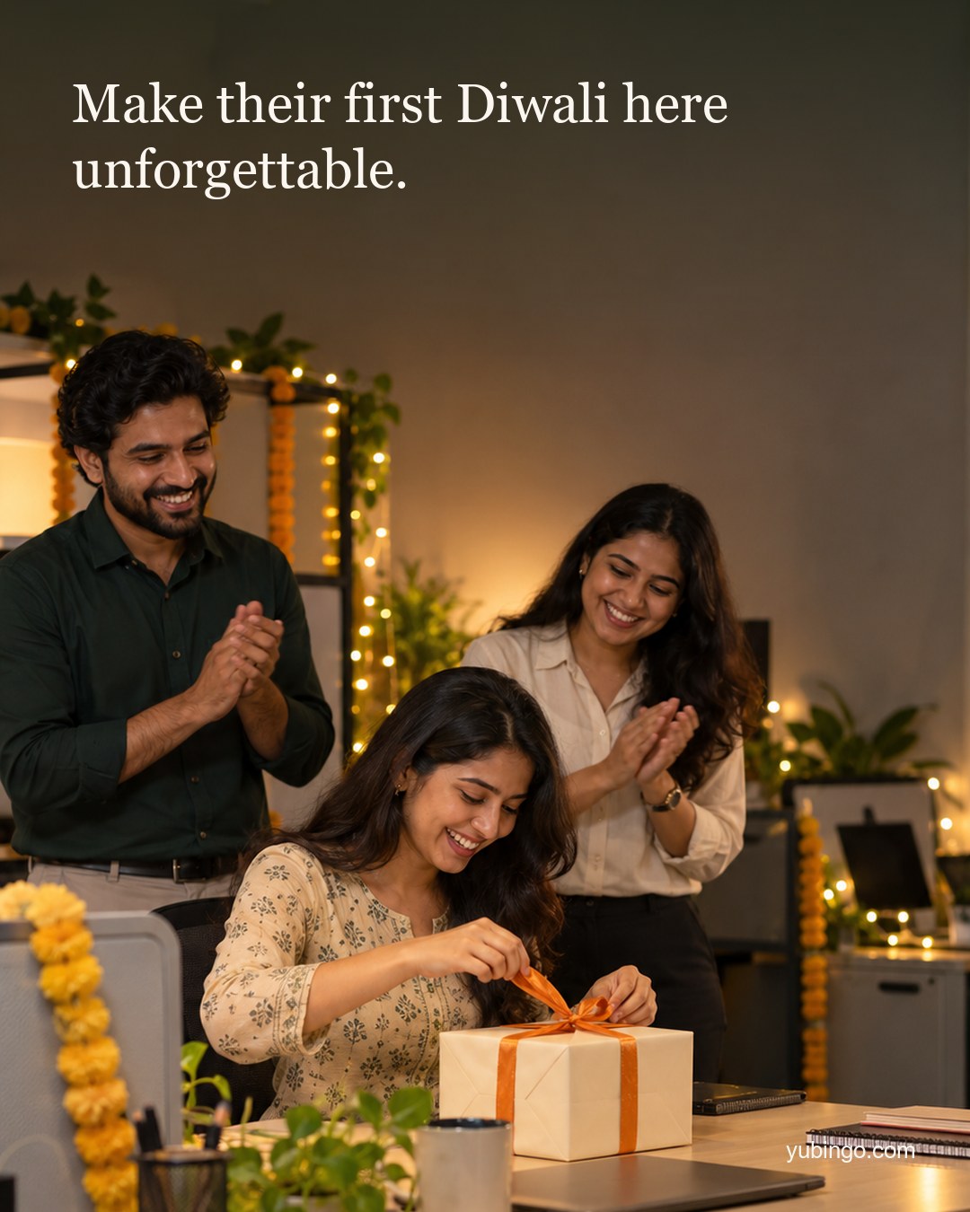 In a decorated office with fairy lights, a young woman opens a gift box with a marigold ribbon at her desk while two colleagues smile and clap. Text: Make their first Diwali here unforgettable.