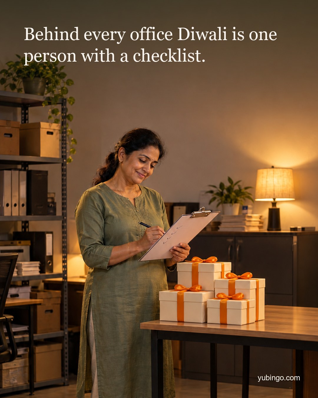 An office admin in her 40s stands with a clipboard ticking a list beside neatly stacked gift boxes with marigold ribbons, in warm evening light. Text: Behind every office Diwali is one person with a checklist.