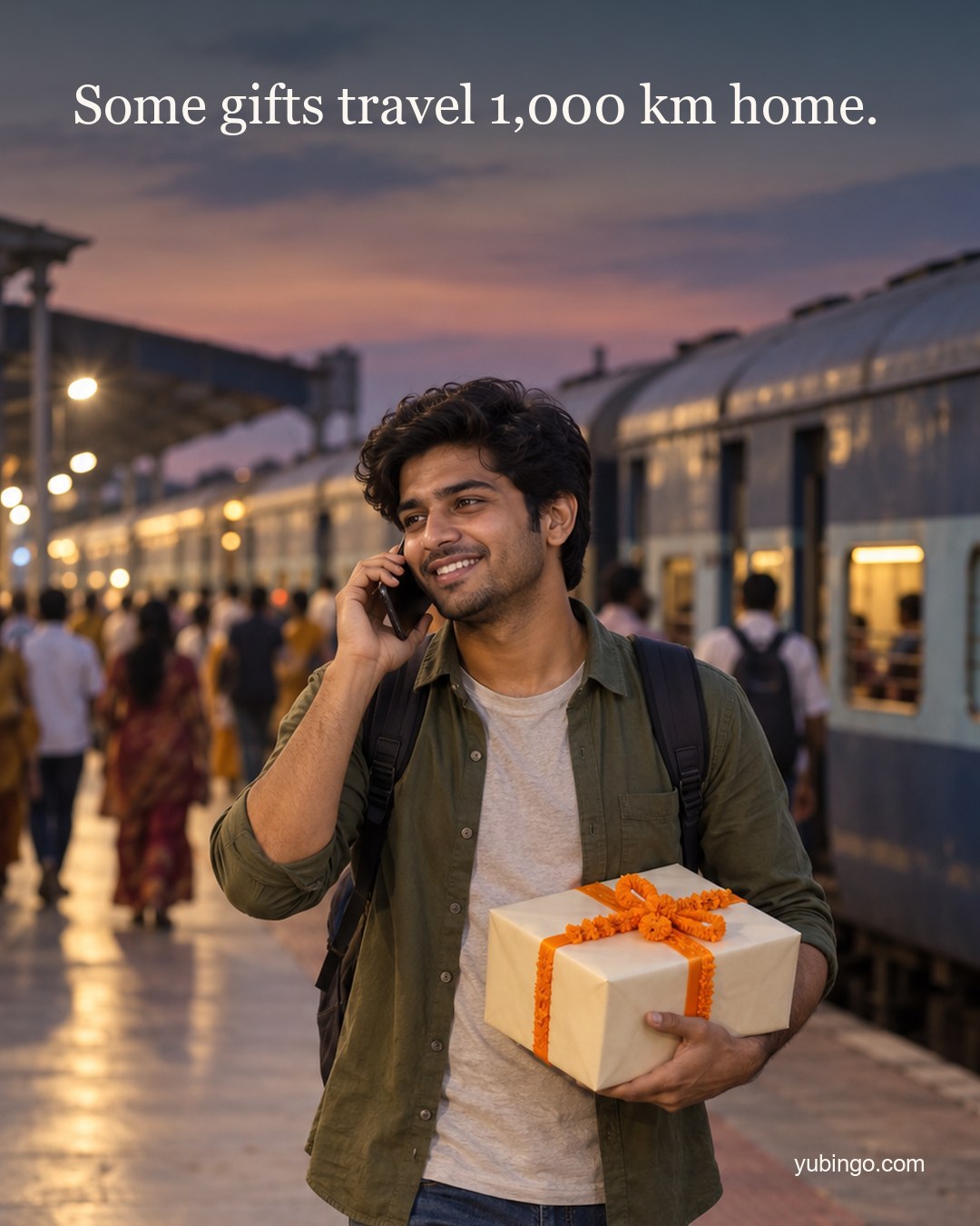 On a railway platform at dusk, a young man with a backpack carries a gift box with a marigold ribbon and smiles as he talks on the phone. Text: Some gifts travel 1,000 km home.
