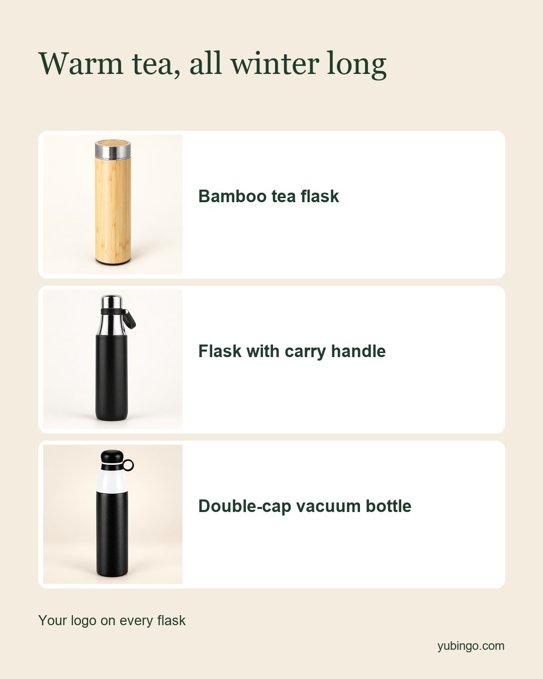 Three flasks on sand: bamboo tea flask, flask with carry handle, double-cap vacuum bottle. Your logo on every flask.