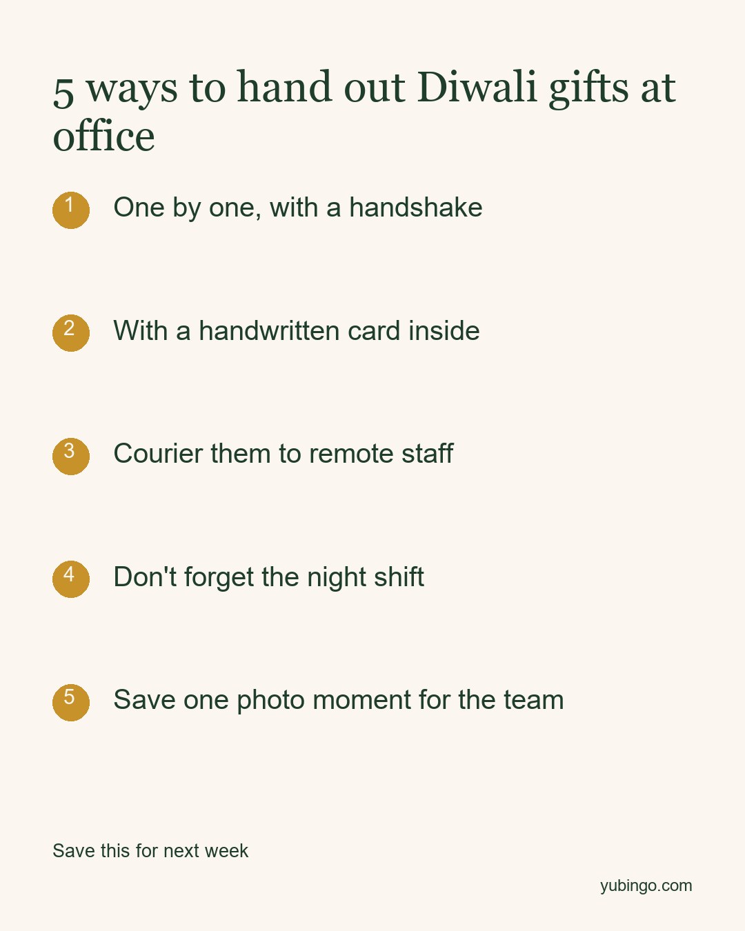 5 ways to hand out Diwali gifts at office: one by one with a handshake, with a handwritten card inside, courier them to remote staff, don't forget the night shift, save one photo moment for the team.