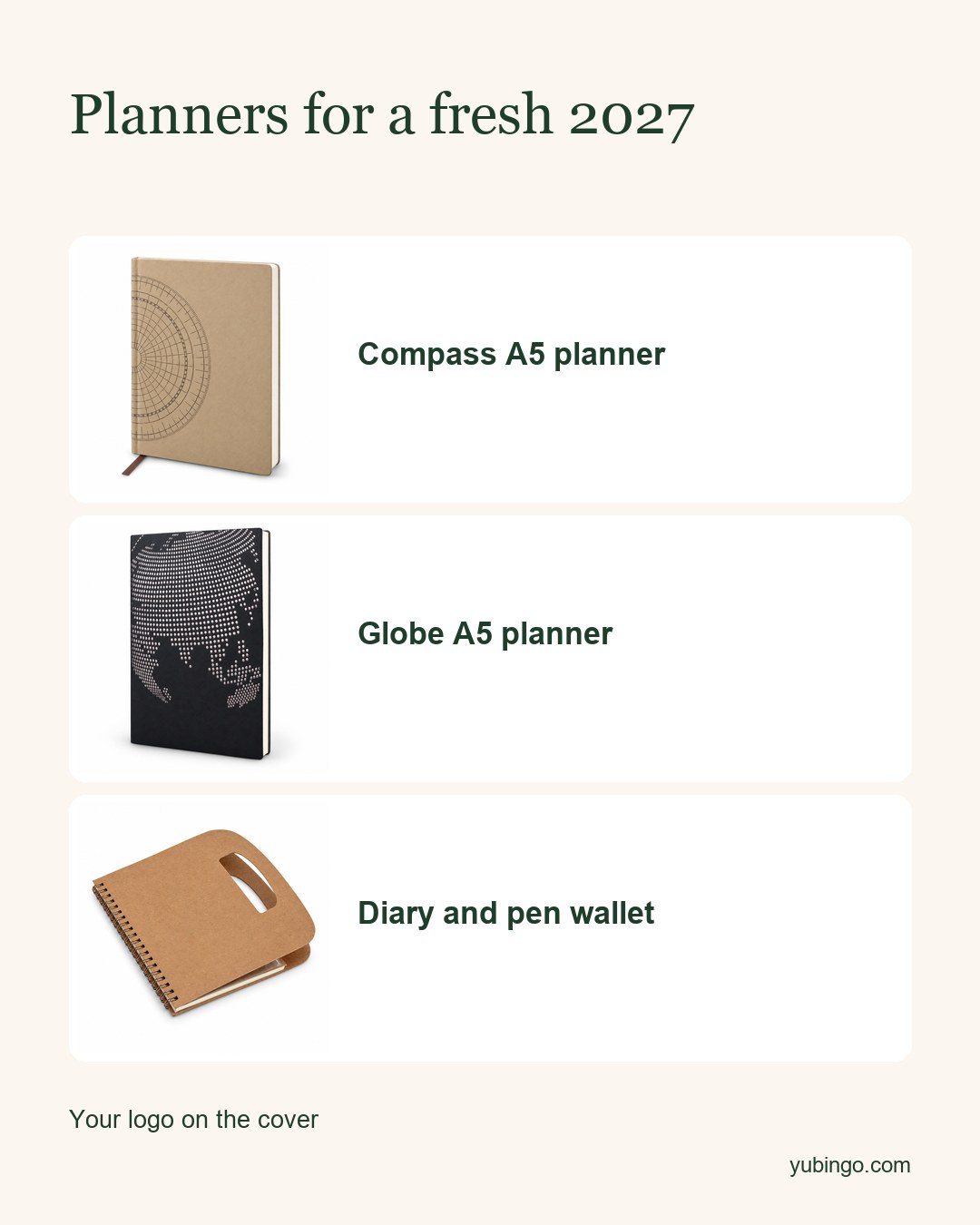 Three planners: Compass A5 planner, Globe A5 planner, diary and pen wallet. Your logo on the cover.