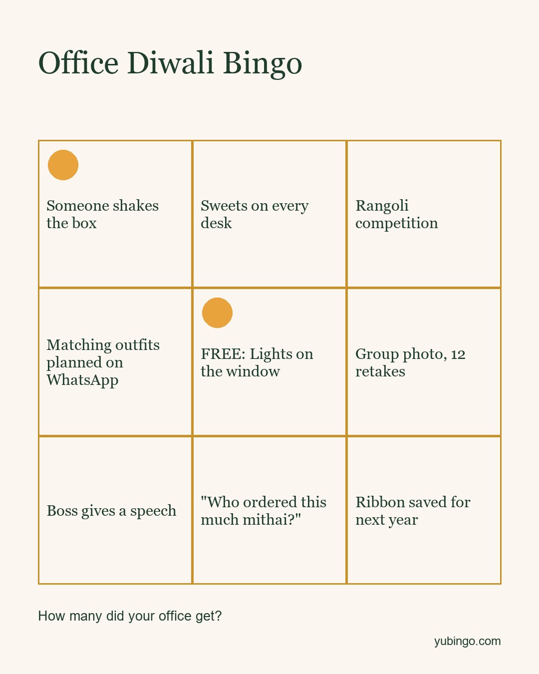 A 3 by 3 bingo card titled Office Diwali Bingo with squares like Someone shakes the box, Sweets on every desk, Rangoli competition, Group photo with 12 retakes, and "Who ordered this much mithai?"
