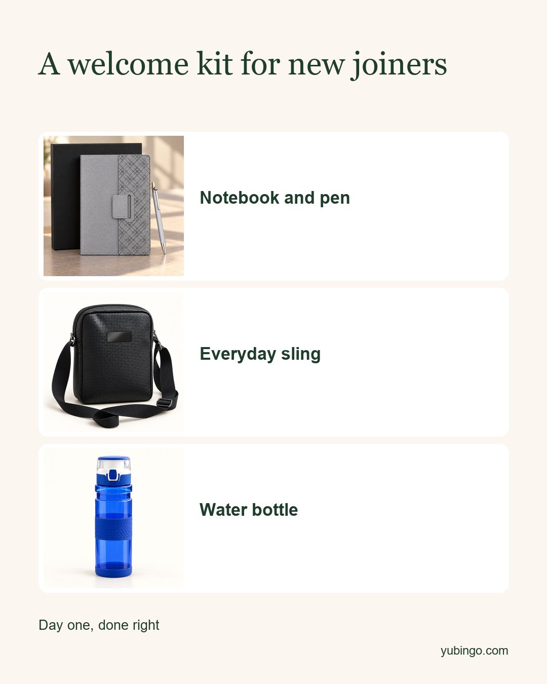Three tiles: notebook and pen, everyday sling bag, water bottle. Headline: A welcome kit for new joiners. Day one, done right.