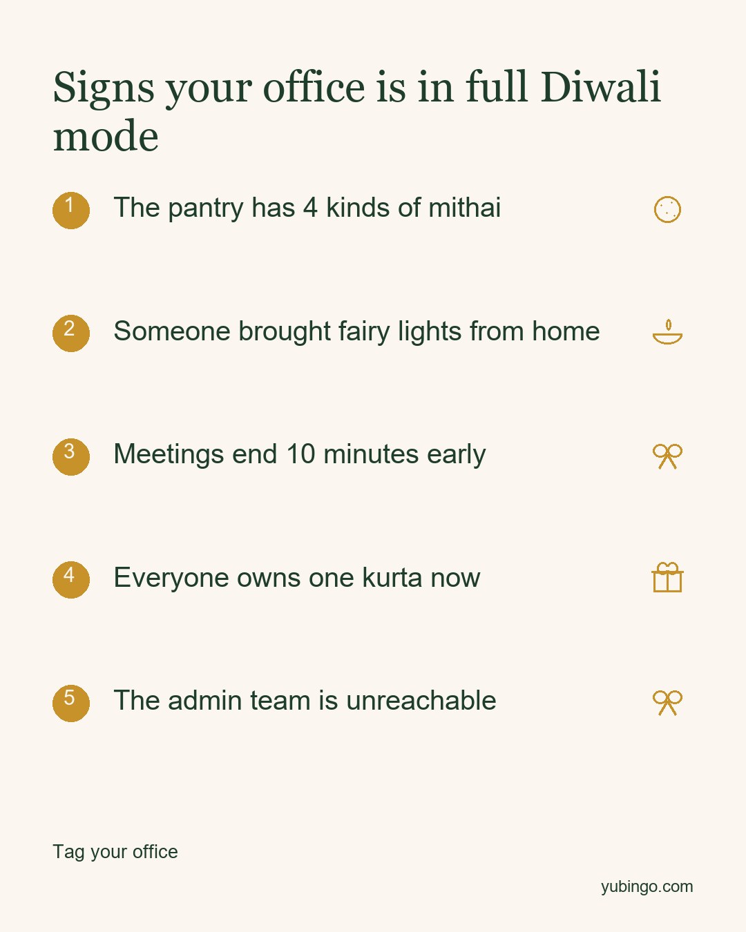 Signs your office is in full Diwali mode: the pantry has 4 kinds of mithai, someone brought fairy lights from home, meetings end 10 minutes early, everyone owns one kurta now, the admin team is unreachable.