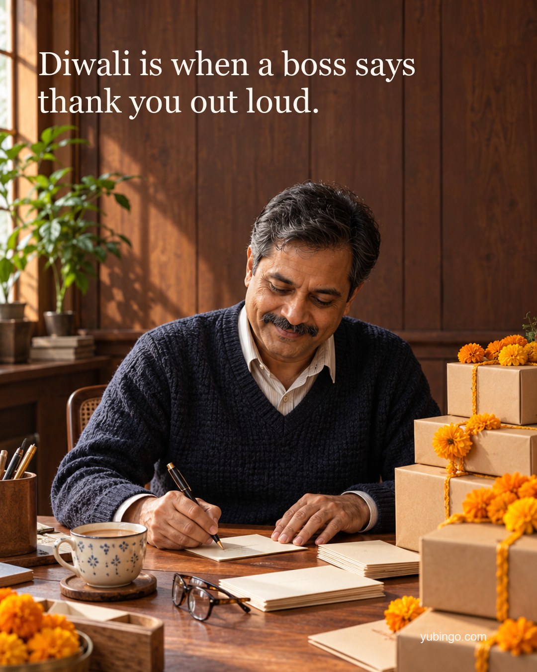 A business owner in his fifties writes cards by hand at a wooden desk beside a stack of gift boxes with marigold ribbons and a cup of chai. Text: Diwali is when a boss says thank you out loud.